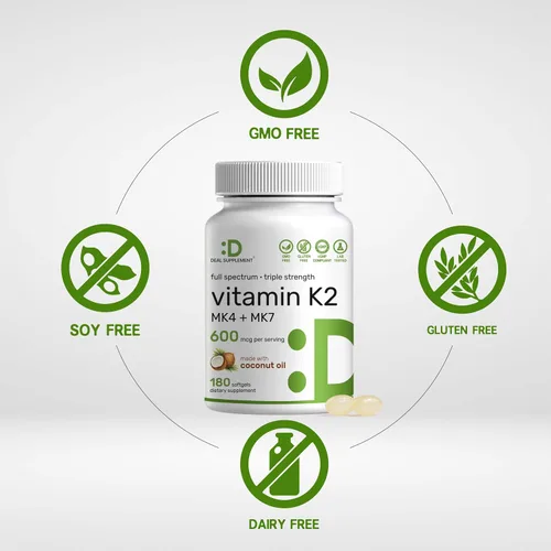 Vista 3 de DEAL SUPPLEMENT Suplemento de vitamina K2 de 600 mcg, 180 cápsulas blandas de aceite de coco Formas MK-7 y MK-4 de alta absorción de espectro