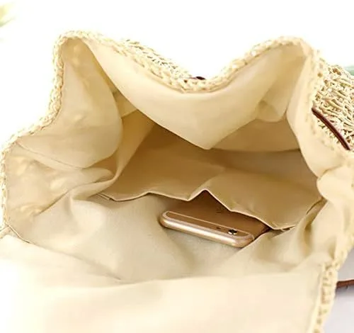 Vista 5 de Mochila tejida hecha a mano de paja mediana para mujer, con solapa, con cordón, bolsa de playa, Beige, Mochilas Daypack