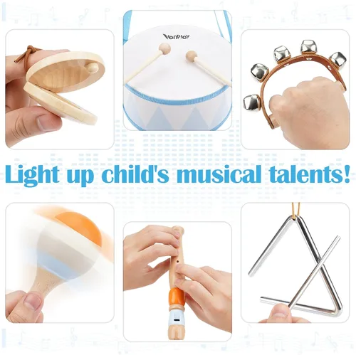 Vista 7 de Juego de batería para niños - Juguetes para niños de 2 y 3 años, regalos de cumpleaños para niños - Instrumentos musicales Montessori de madera