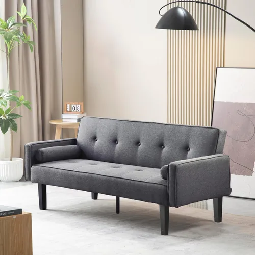 Vista 4 de Sofá cama de tela moderna, sofá biplaza convertible con 2 almohadas y reposabrazos, sofá reclinable plegable de 75 pulgadas con patas de madera