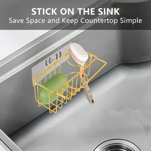 Vista 6 de Organizador adhesivo 3 en 1 para fregadero de cocina, esponja de acero inoxidable y soporte para cepillo para fregadero de cocina, adecuado