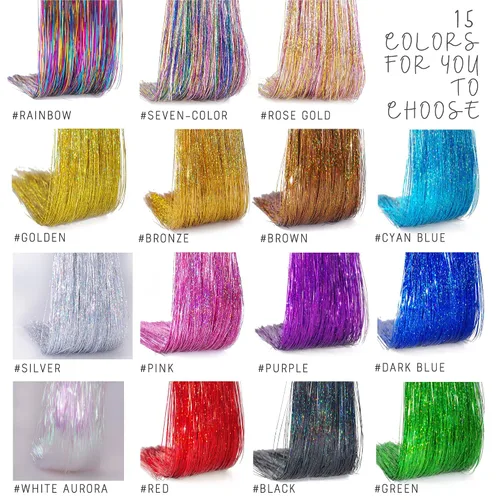 Vista 6 de Extensiones de oropel para el cabello con clip Bronce con reflejos para el cabello 52 cm 6 piezas, cabello de hada multicolor, oropel sintético