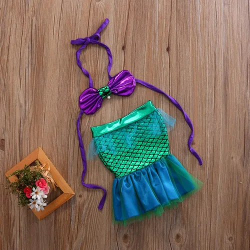 Vista 5 de Traje de dos piezas para niñas con cuello colgante de sirena y cuello halter de perlas + traje de tul con retazos de cola de sirena