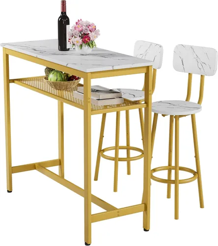 Vista 20 de Juego de mesa de comedor para 2, mesa de bar y sillas para 2, juego de mesa de bar pequeña de 3 piezas con 2 taburetes, parte superior de mármol