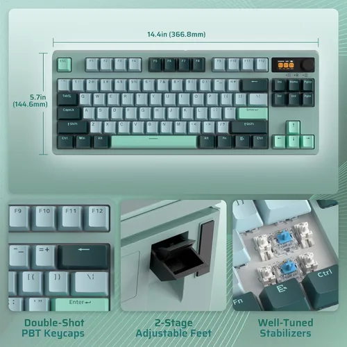 Vista 8 de LTC Nimbleback NB841 PRO - Teclado mecánico inalámbrico 75% con pantalla y perilla, 2.4 GBTUSB-C con cable RGB 84 teclas, amortiguador de 3 capas