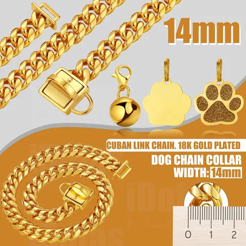 Vista 3 de Collar de cadena para perro, collar de cadena de oro de 0.555 pulgadas con eslabones cubanos de 0.55 pulgadas, con hebilla de cierre segura, cadena