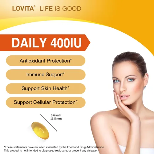 Vista 7 de LOVITA Vitamina E 400 UI cápsulas blandas veganas, vitamina E natural 268 mg (como D alfa tocoferol), para piel sana, cabello, uñas, antioxidantes