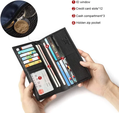 Vista 3 de BISON DENIM Carteras RFID plegables para tarjetas de crédito billetera larga de cuero real para hombre con bolsillo con cremallera para monedas