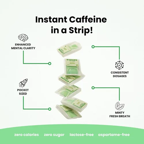 Vista 2 de Tiras de Energía Cafeína Instantánea en una Tira 80mg por Porción Cafeína Portátil + Mentas para el Aliento Cero Calorías y Cero Azúcar