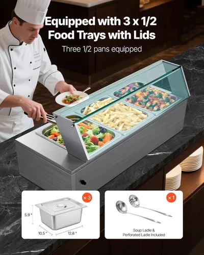 Vista 3 de VEVOR Calentador de Alimentos Comercial, Calentador de Alimentos al Vapor Eléctrico de Acero Inoxidable de 1500W con Tapa de Vidrio, Baño María