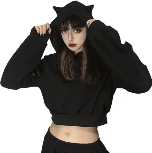 Vista 3 de Sudadera con capucha para mujer con orejas de gato, manga larga, hombros descubiertos, bonita sudadera con capucha