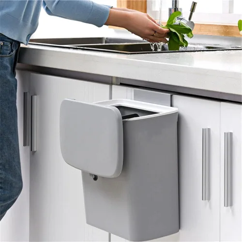 Vista 5 de Contenedor de compost de cocina de 9 L/2.4 galones, cubo de basura pequeño colgante con tapa para Gris