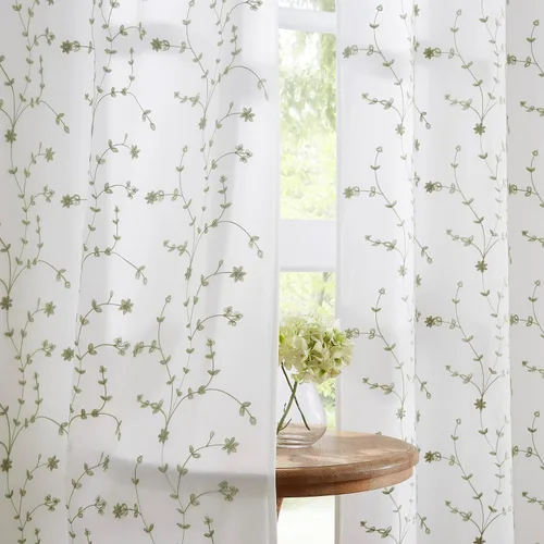 Vista 22 de Bujasso - Cortinas de hojas transparentes de 63 pulgadas, bordadas con flores, estilo granja, cortinas con filtro de luz para ventana, patrón Dorado