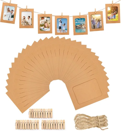 Vista 10 de Anwyll 30 Marcos de Fotos de Papel - Marcos de Fotos de Papel Negro de 4x6'' Marcos de Cartón con Clip y Cuerda Portafotos DIY con Clip Kit