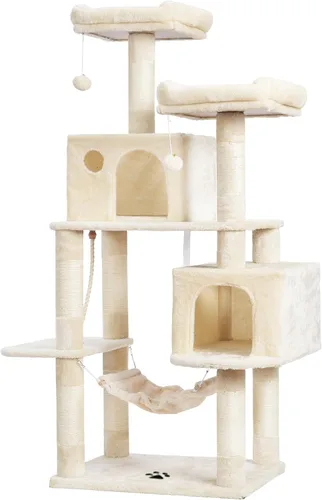 Vista 9 de Hey-brother - Mueble grande de casita de gato multinivel con postes rascadores cubiertos de sisal, 2 condominios de felpa más grandes, hamaca Beige