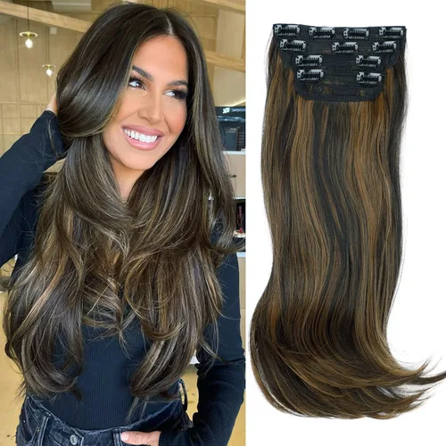 Vista 10 de FREEMEIGE 4 piezas de extensiones de cabello con clip, extensiones de cabello largas y gruesas con capas rectas de 20 pulgadas, extensiones