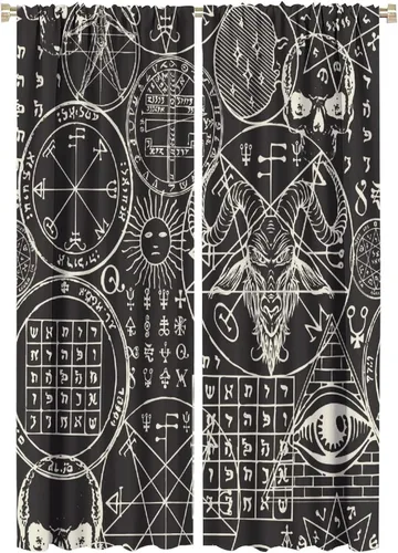 Vista 22 de BAEKJIN Cortinas de cabeza de cabra, diseño de calavera malvada, bruja, símbolo misterioso, bolsillo para barra, cortinas opacas para ventana, juego