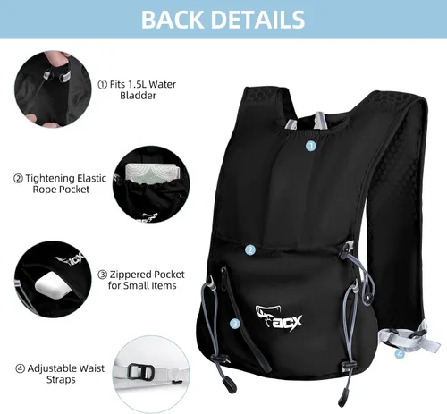 Vista 6 de Mochila de hidratación para mujeres y hombres, chaleco ligero para correr con bolsa de agua de 1.5 L, mochila de agua transpirable para senderismo