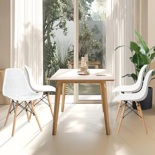 Vista 2 de CangLong Silla de comedor con carcasa de plástico, silla auxiliar moderna de mediados de siglo con diseño de malla, patas de madera de haya