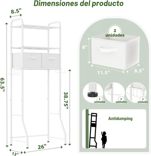 Vista 3 de Simple Trending Estante de almacenamiento sobre el inodoro con cajones, estante organizador de baño de metal de 3 niveles con soporte para papel y 3