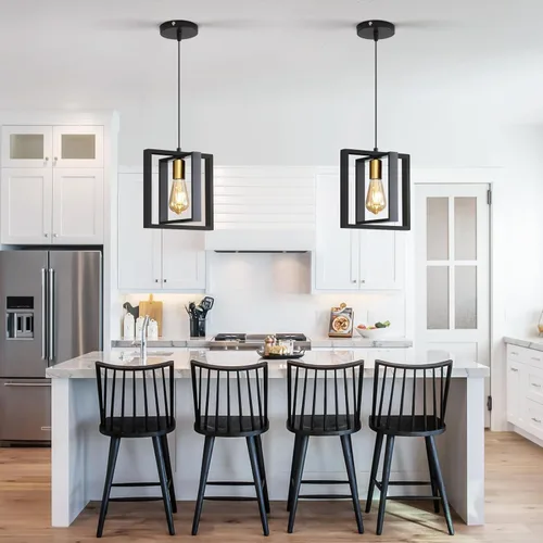 Vista 22 de Lámpara colgante estilo granja, luces colgantes negras para isla de cocina, luz colgante de metal industrial y madera vintage, lámpara de techo