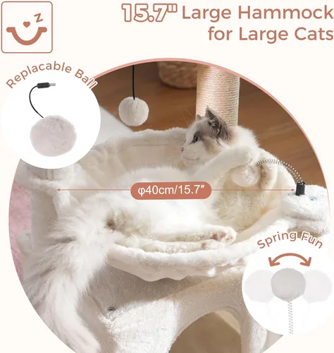Vista 2 de Árbol para gatos pequeños de 32 pulgadas para gatos grandes, torre para gatos adultos con poste rascador, hamaca grande de 15.7 pulgadas y auto Beige
