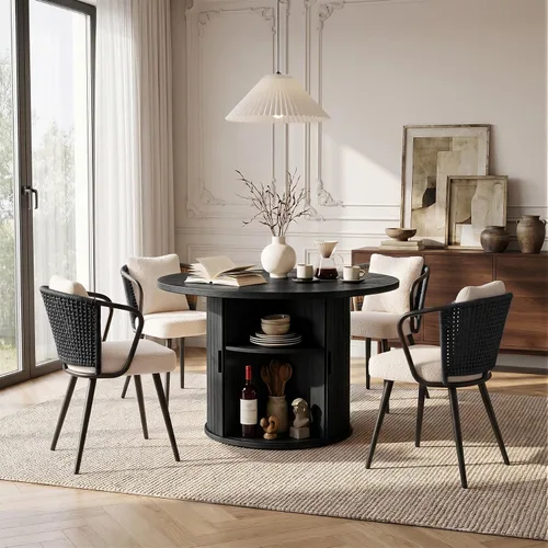Vista 55 de Miereirl Juego de mesa y sillas de comedor moderno redondo, con una mesa de comedor de madera equipada con compartimentos de almacenamiento
