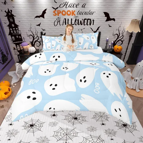 Vista 13 de Castle Fairy Happy Halloween - Juego de edredón para niños, tamaño Queen, juego de ropa de cama con diseño de fantasmas de dibujos animados rosa