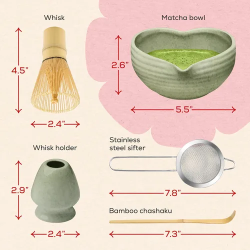 Vista 7 de Rehny's Juego de batidor Matcha Juego completo de matcha verde con cuenco en forma de corazón, batidor de bambú, soporte, tamiz de acero