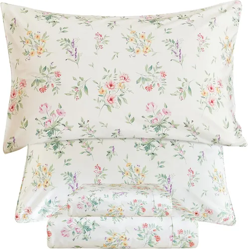 Vista 35 de QSH Juego de sábanas de tamaño individual 100% algodón egipcio, estampado de flores verdes con pájaros, mariposas y botánicas, lujo impreso, ropa