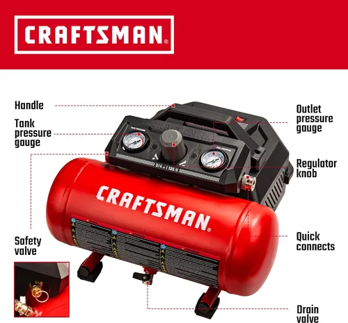Vista 2 de Craftsman Compresor de aire, 1.5 galones 3/4 HP Max 135 PSI Presión, 1.5 CFM@90psi y 2.2 CFM@40psi, compresor portátil sin mantenimiento de acero