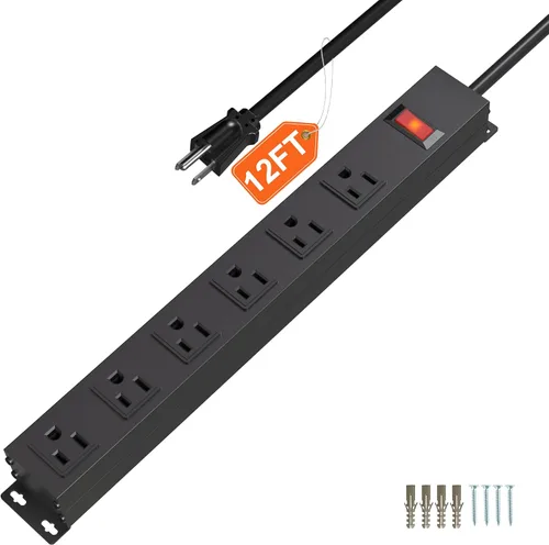 Vista 17 de Tira de alimentación de 10 tomas de 6 pies de largo, cable de extensión resistente para montaje en pared, enchufe de metal para cocina, oficina