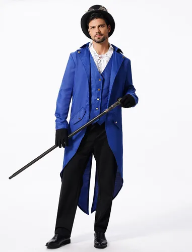 Vista 4 de Chaqueta larga estilo steampunk gótico medieval vintage para hombre, estilo victoriano, con botones, abrigo de golondrina, uniforme Azul