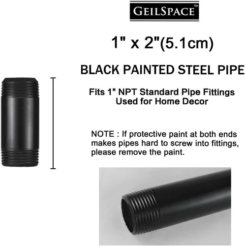 Vista 2 de GeilSpace Tubo de metal negro precortado de 1 x 2 pulgadas, acero industrial que se adapta a tuberías y accesorios roscados estándar de una pulgada