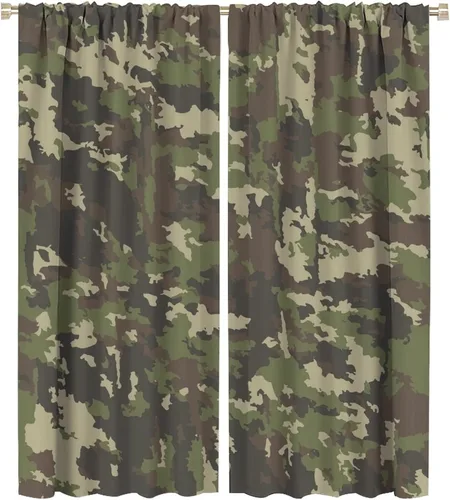 Vista 31 de Cortinas opacas de camuflaje de bosque, animales salvajes, osos, ciervos, alces, con bolsillo para barra, para sala de estar, dormitorio, decoración