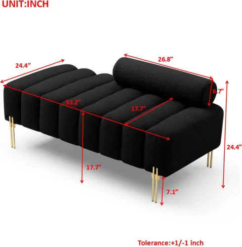 Vista 2 de Holaki Banco moderno de 53.2 pulgadas, cómodo sofá tapizado de tela sherpa, de 2 plazas, reposapiés, banco otomano con patas de metal dorado y Negro