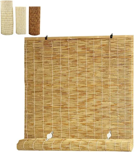 Vista 9 de Cortina enrollable de bambú para patio, persianas romanas de bambú inalámbricas con 65% de protección UV, persianas de bambú filtrantes de luz
