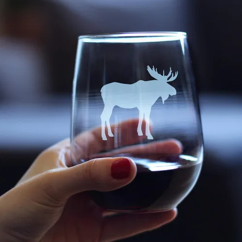 Vista 4 de Bevvee Moose Silhouette - Copa de vino sin tallo, regalos temáticos de cabina o decoración rústica, grande de 17 onzas