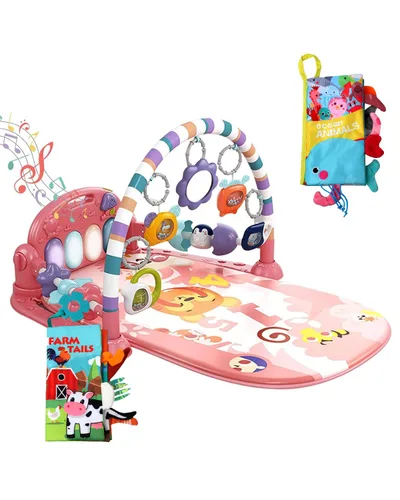 Vista 14 de dearlomum Gimnasio con tapete de juego para bebé, divertido tapete de piano para tiempo de barriga con 5 juguetes sensoriales para bebés y 2