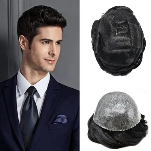 Vista 115 de Toupee para hombres Sistema de reemplazo de cabello humano real para hombres Completo PU Mens Hairpiece de aspecto natural para hombre piezas