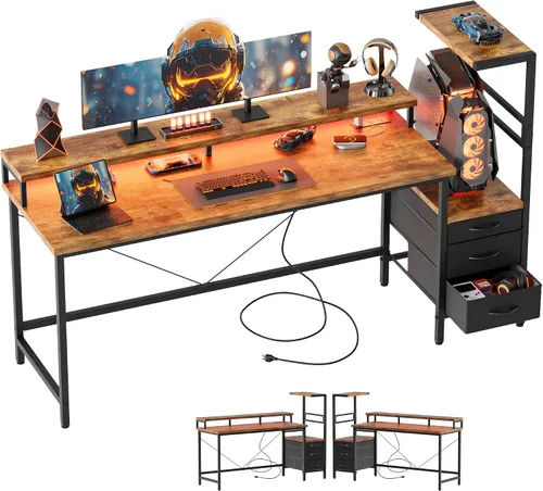 Vista 11 de Mericonia Escritorio para juegos con tomas de corriente y luces LED, escritorio reversible para computadora con soporte para caja de PC, cajones