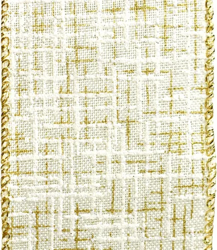 Vista 2 de Homeford Elegante cinta de lino sintético con textura a rayas, 2-1/2 pulgadas, 10 yardas, marfil/dorado