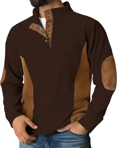 Vista 7 de Camisas de pana para hombre, con un cuarto de botón, estilo vintage, casual, a la moda, con parche en el codo