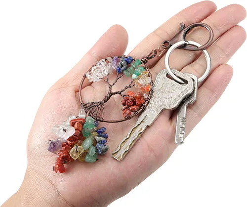 Vista 6 de Jovivi Llavero de cristal curativo de 7 chakras, árbol de la vida, piedra preciosa natural, colgante de automóvil, llavero con borlas