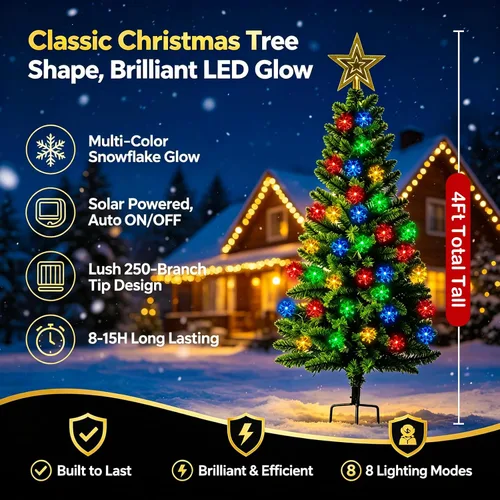 Vista 2 de Árbol de Navidad solar de 100 LED de 4 pies para decoraciones de Navidad al Árbol de Navidad para exteriores de 250 ramas, luces solares