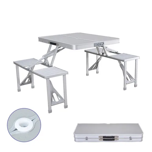 Vista 3 de Marbueno Set Mesa y 4 Asientos con Agujero Sombrilla Plegable Aluminio Gris Camping y Playa 136X85X67 cm 10439