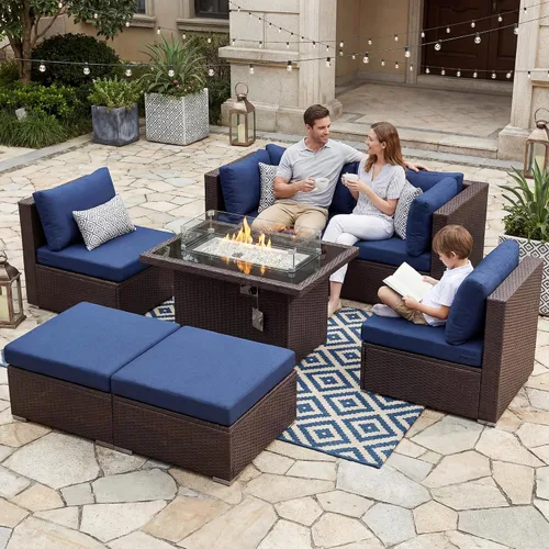 Vista 27 de NICESOUL Juego de muebles de patio de ratán extra grande con mesa para fogata de gas y propano, 29.3 pulgadas, respaldo alto, cómodos conversaciones