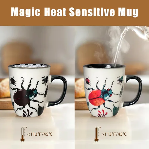 Vista 3 de Taza de Escarabajo de 16 oz que Cambia de Color - Taza de Café de Cerámica para Amantes de los Insectos - Regalo Novedoso con Temática de Insectos