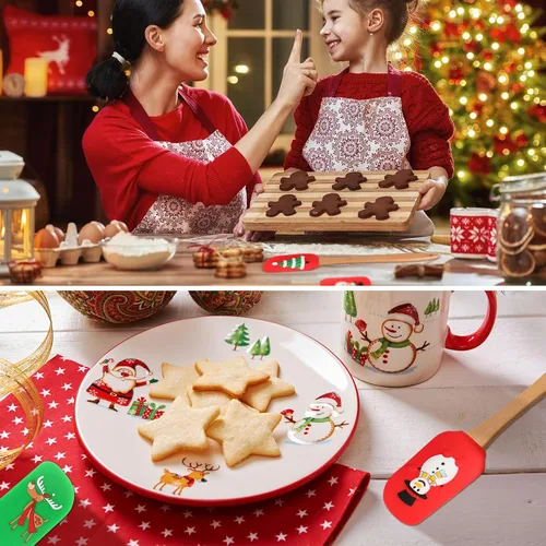 Vista 7 de 8 espátulas de silicona de Navidad con mango de madera, utensilios de raspador de pasteles navideños para hornear, con patrón de Papá Noel