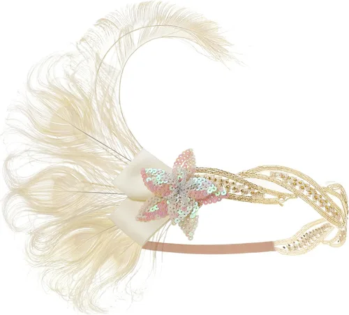 Vista 5 de BABEYOND Diadema de plumas de pavo real de los años 20, accesorios de Gatsby para mujer con lentejuelas Beige